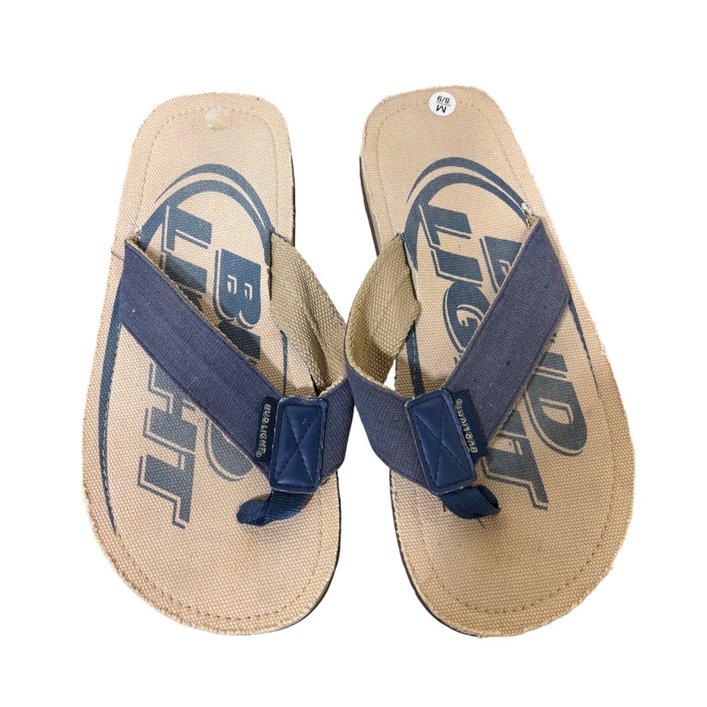 Bud Light Flip Flops Mens Size 8/9 Tan Blue Canvas Logo Thong Sandals Beer Merch